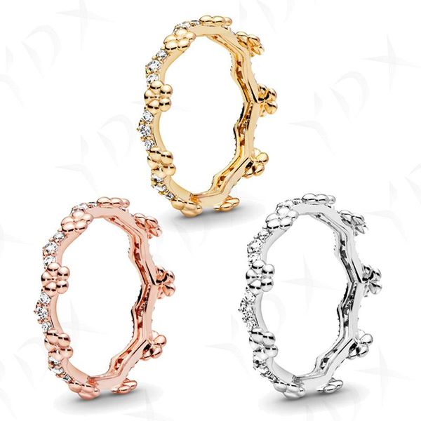 

cluster rings authentic 925 sterling silver three-color classic flower crown original shiny european ring female beads charm gift diy jewelr, Golden;silver