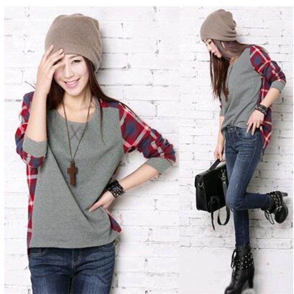 

spring of lattice stitching long sleeved t shirt size loose t-shirt 210527, White