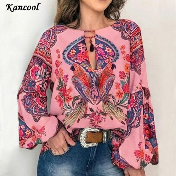 

women's blouses & kancool women boho lantern long sleeve loose v neck floral shirts ladies hippie tunic blouse shirt autumn casual 1 b, White