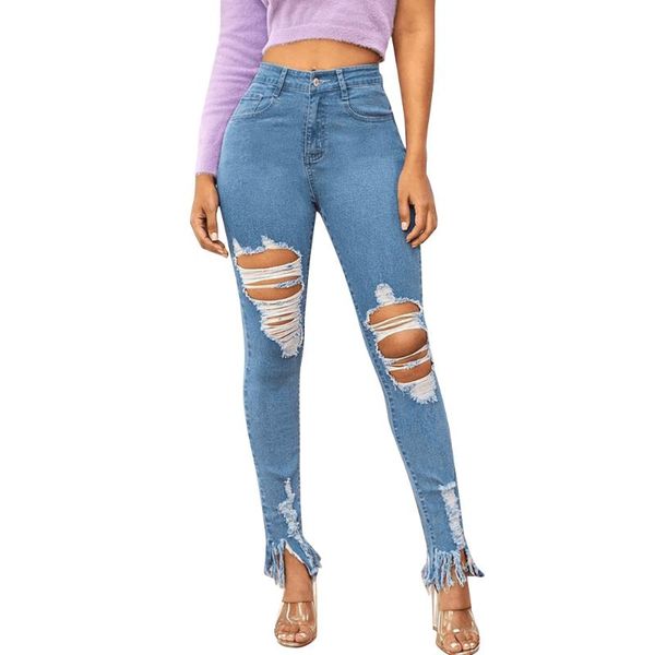 

women's jeans ripped for women 2021 street style distressed trouser stretch skinny hole denim pencil pants feet trousers d30, Blue