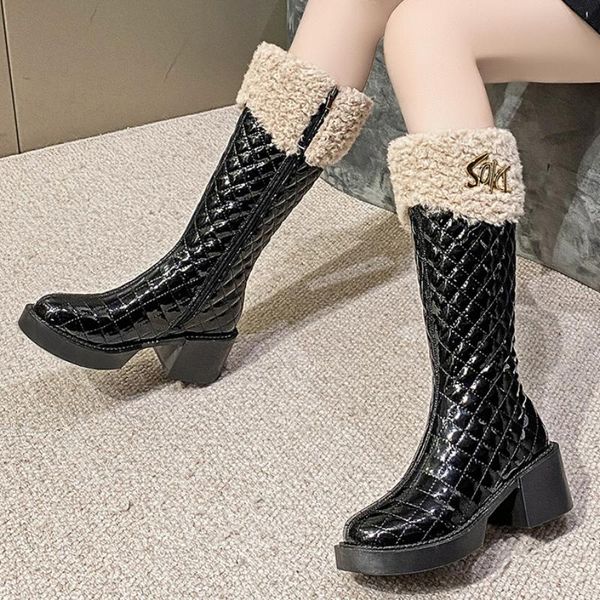 

boots 2021 ins women's shoes fashion designer knee-high long women chunky high heels warm winter woman botas, Black