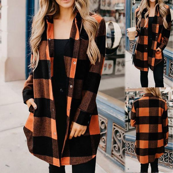 

women's jackets women thick velvet plaid shirts winter warm button shirt female casual loose lapel jacket oversized long outerwear coat, Black;brown