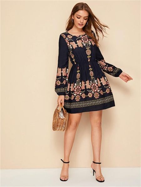 

fashion women's slim floral a line midi dress long sleeve casual autumn sundress dresses, Black;gray