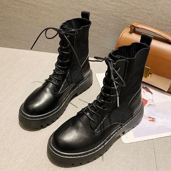 

boots ankle for women 2021 autumn motorcycle thick heel platfoankle brm shoes woman slip on round toe fashion, Black