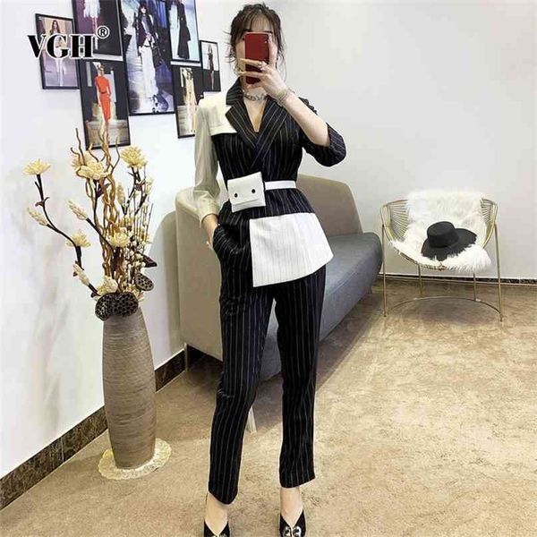 

hit color striped two piece set for women notched long sleeve blazers high waist wide leg pants casual sets female 210531, White