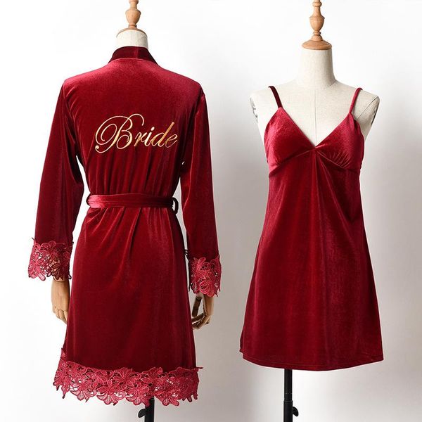 

women's sleepwear brides' morning robe set women velvet burgundy kimono bathrobe lace trim wedding gowns autumn winter nightwear, Black;red