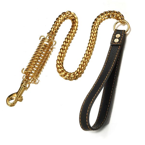 

14mm stainless steel gold miami cuban chain safety leash buffer spring labor-saving genuine leather handle dog chains, Silver