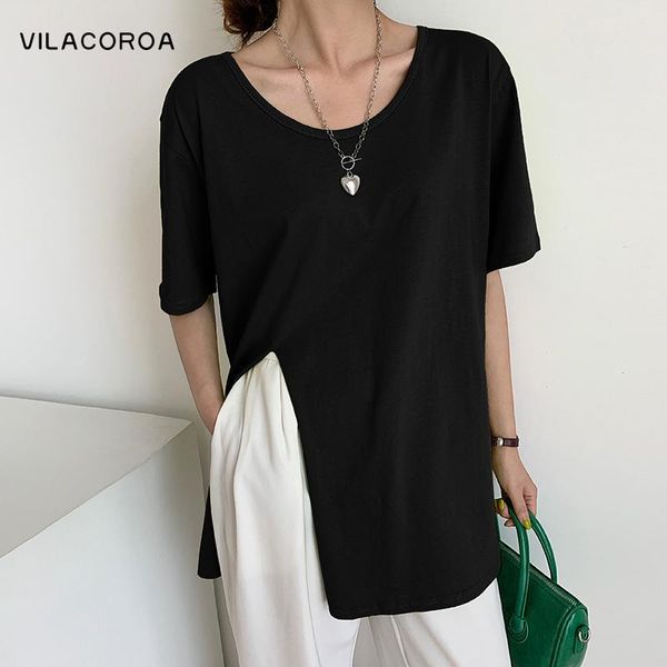 

women's t-shirt o-neck loose knitted bottoming ins ladies clothes solid split fork short sleeve women casual summer streetwear, White