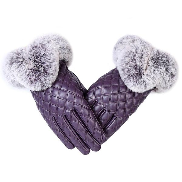 

sports gloves fashion pu leather winter women with fur warm touch screen outdoor full fingers wrist waterproof mittens, Black