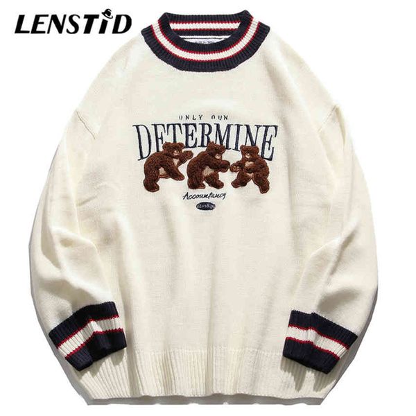 

lenstid men's hip hop sweater, bear embroidered street cloth, harajuku casual style, fashion knitted autumn, White;black