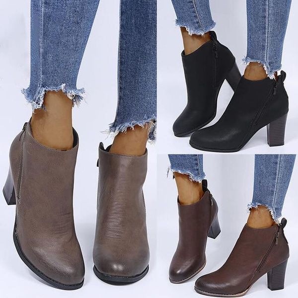 

boots women ankle high heels pumps shoes woman booties vintage pu leather shoe chaussures femme zapatos mujer sapato nh139, Black