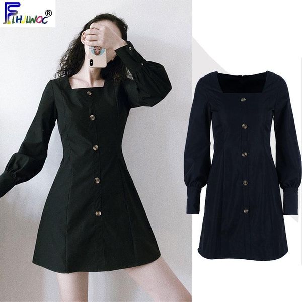 

casual dresses french little black basic wear women fashion long sleeve slim fit a line cute sweet elegant button dress 11228, Black;gray