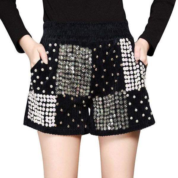 

women's shorts 2021 vintage autumn winter women loose sequins beaded corduroy fashion elastic high waist wide-leg c243, White;black