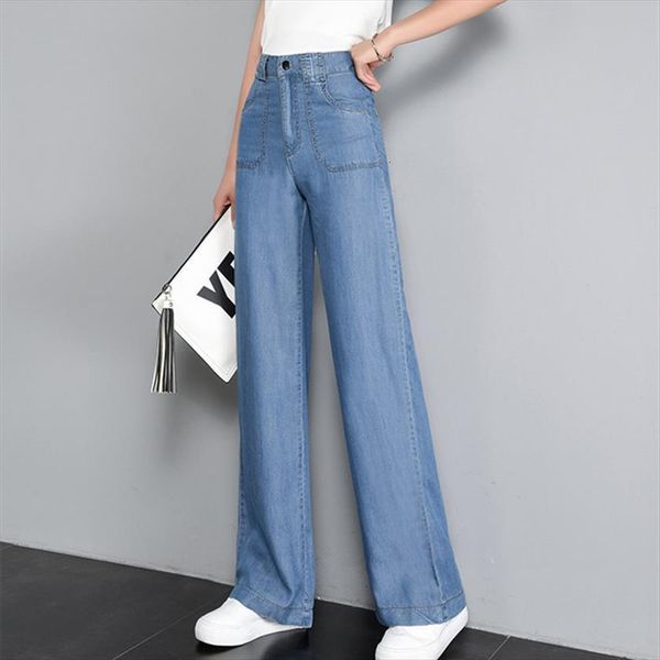 

high waist fashion summer women jean wide leg pants loose casual denim vintage s 3xl, Blue