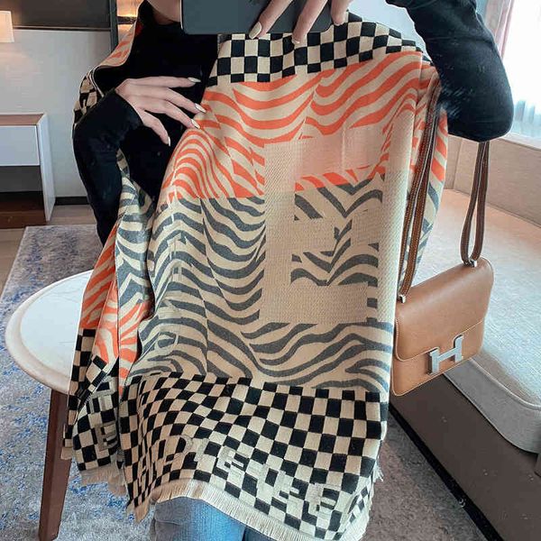 

design autumn and new scarf female imitation cashmere decorative jacquard air conditioning shawl versatile warm short beard tassel bib, Blue;gray