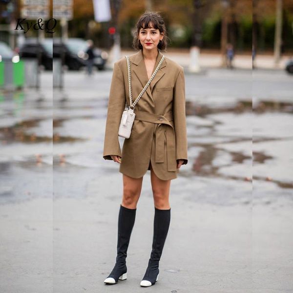 

women's suits & blazers 2021 early spring fashion week khaki suit coat chic belt button long sleeve blazer women runway designer elegan, White;black