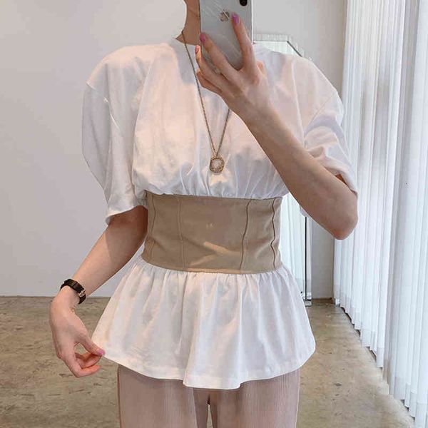 

women's t-shirt korean chic summer elegant temperament round neck waist stitching design back lace puff sleeve t-shirt women f, White