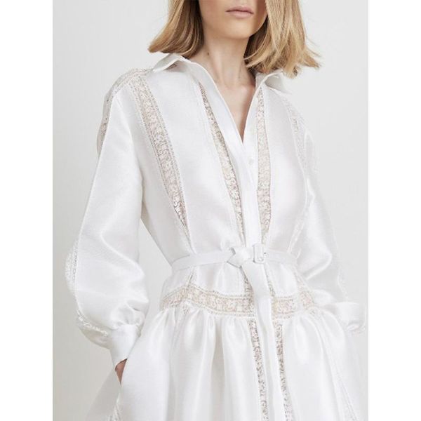 

casual dresses fashion white shirt dress satin lapel button lantern long sleeve pleated ruffle hem midi elegant lace patchwork, Black;gray