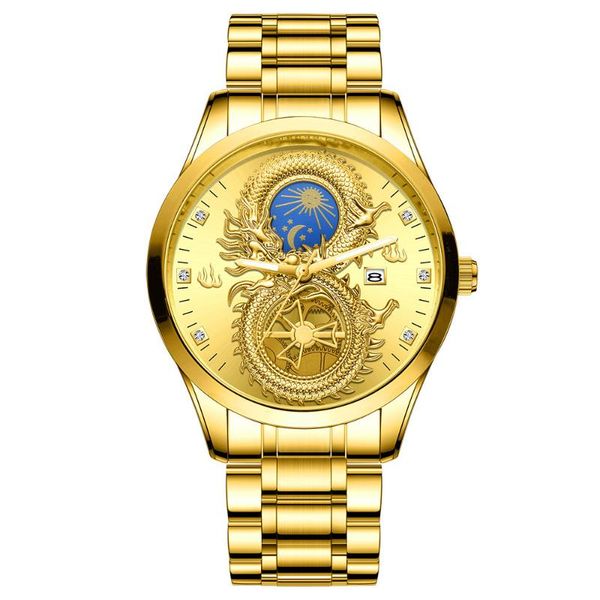 

wristwatches non-mechanical luminous watch men's waterproof sun moon and stars calendar gold dragon luxury business, Slivery;brown