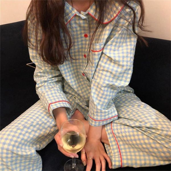 

spring candy plaid pajama sets women sleepwear loose vintage girls princess pyjamas set turn down collar lounge, Black;red