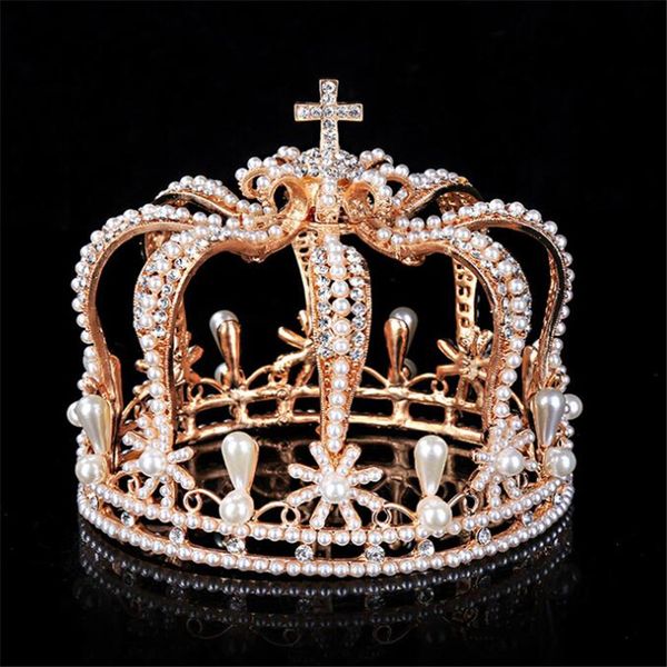 

baroque cross crown bridal headdress wedding crown royal king tiaras and crowns performance male pearls wedding hair jewelry, Golden;white