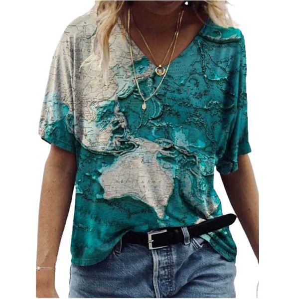 

women's t-shirt 2021 summer women short sleeve t shirt fashion map print tee casual loose plus size 3xl streetwear v-neck pullover, White