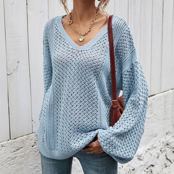 

2021 autumn and winter new blue v-neck sweater casual all-match women's clothing, White;black