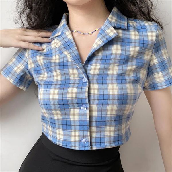 

11 colors summer harajuku plaid women blouses single breasted turn down collar crop blusas punk girl chic streetwear, White
