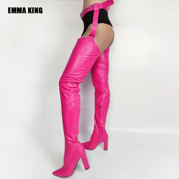 

women over the knee thigh boots colorful pu belted side zip chunky heeled boot shoes woman square heel big size 35-44, Black