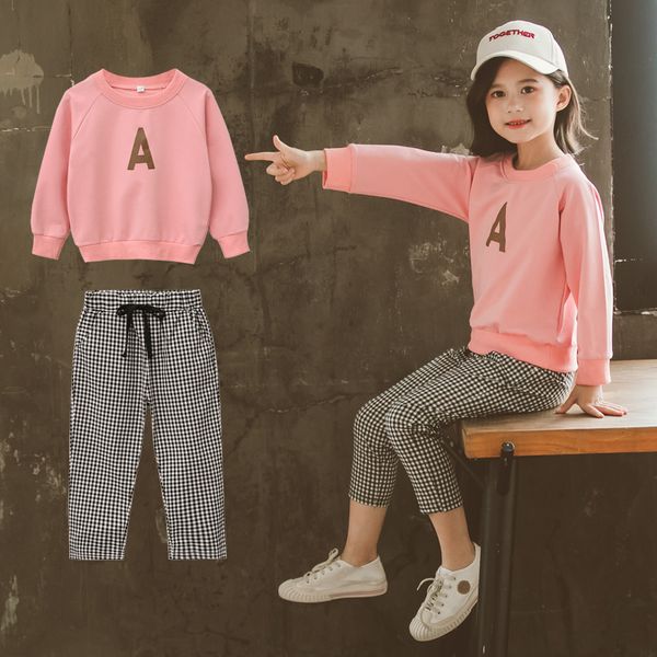 

girls clothing set 3-12years children long sleeve o-neck pullover sweatshirt plaid pant 2pcs tracksuit spring autumn custome, White