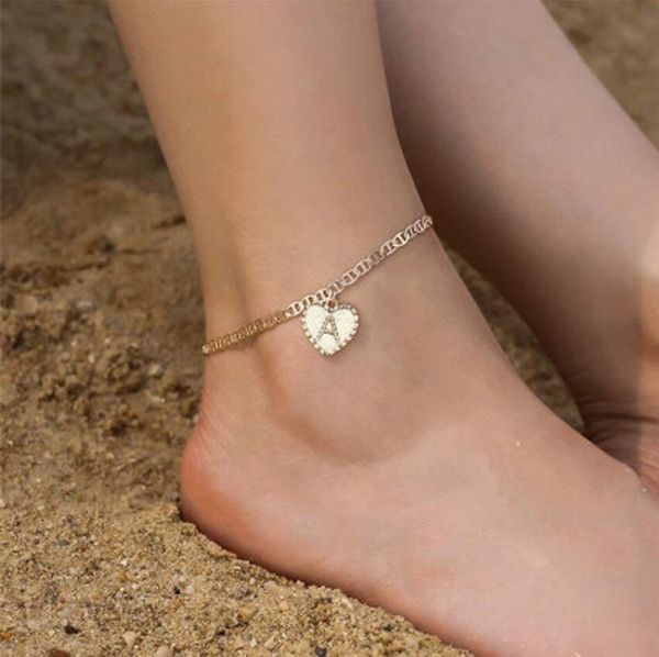 

26 a-z english letters initial anklets women boho jewelry stainless steel tiny heart alphabet leg chain letter anklet bracelet femme, Red;blue