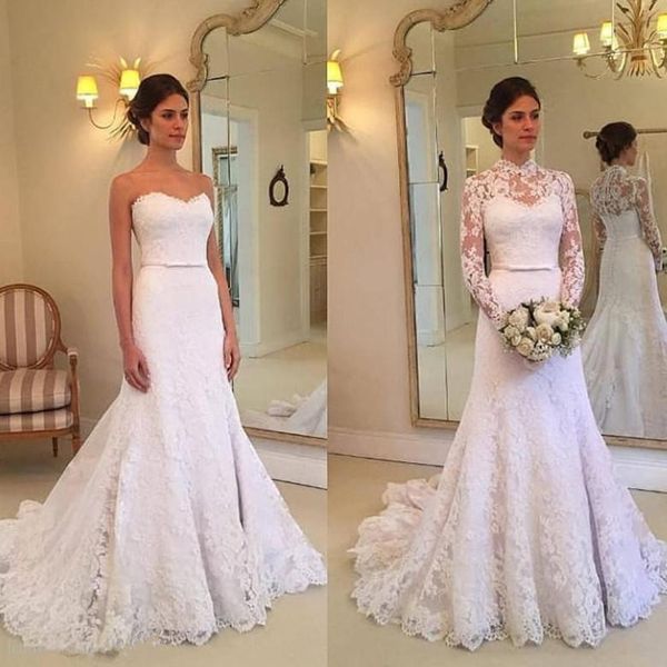 

2021 full lace mermaid wedding dresses bridal gown ribbon sweep train custom made long sleeves high neck plus size arabic chapel vestidos de, White