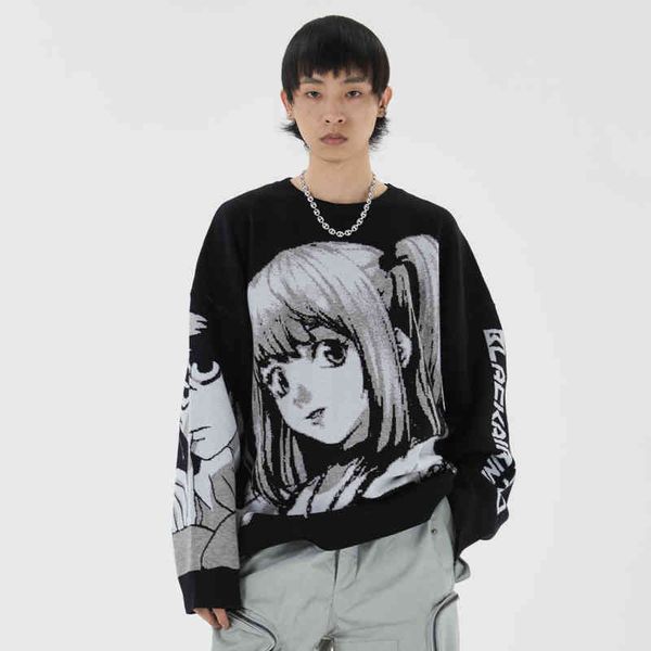 

long sve japane style kawaii cute cartoon hiphop oversized streetwear men sweaters winter cloth mens 2020 pullover top, Black