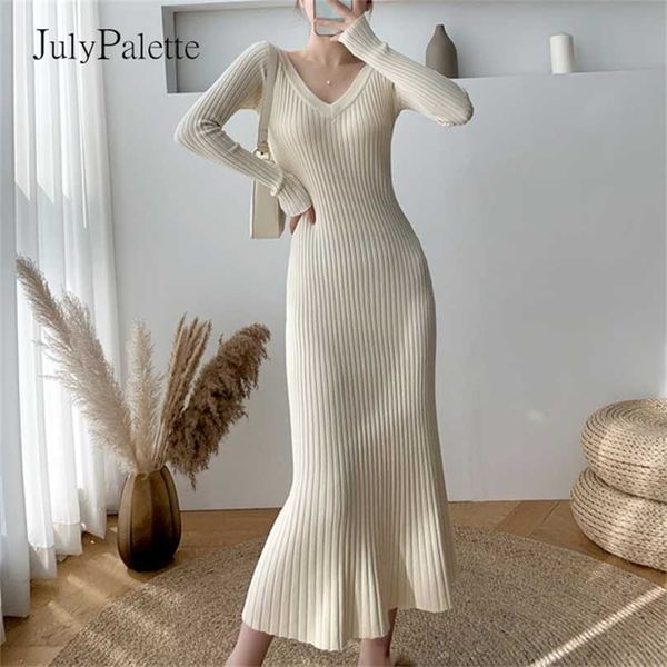 

julypalette solid knitted dress fall winter v-neck slim long sleeve elegant ladies black midi-length sweater es 211119, Black;gray