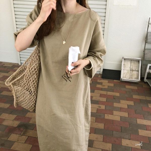 

casual dresses 2021 women autumn linen oversize long loose dress vintage bandage round collar full sleeve maxi pullover, Black;gray
