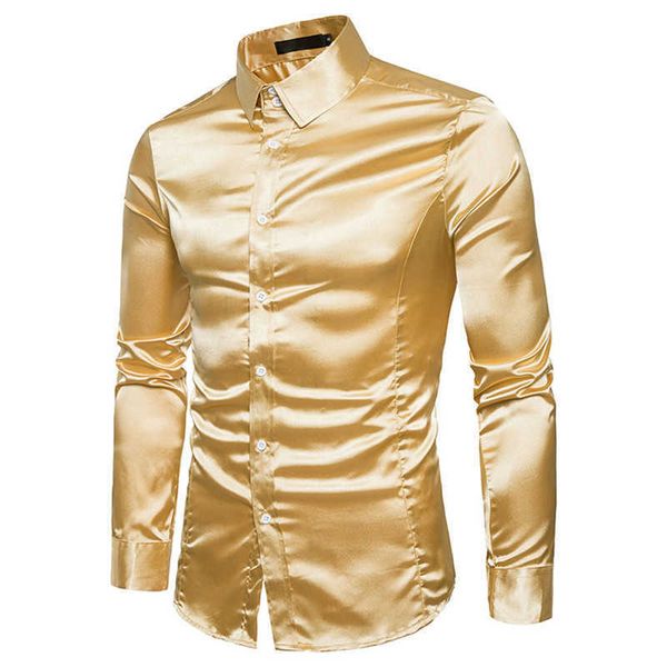 Camisa de seda homens cetim macio homens sólidos smoking camisa de negócios para homens Casual Slim Fit vestido de casamento de ouro brilhante 210610