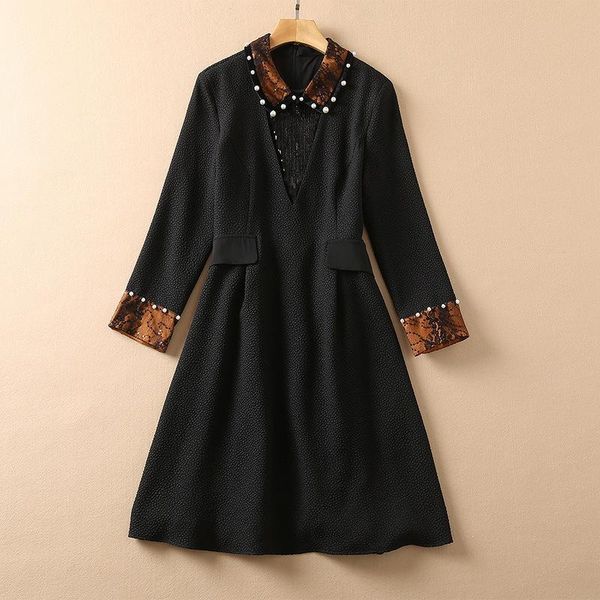 

casual dresses black dress fall pearl collar sequins embossing long-sleeved 211020xr01, Black;gray