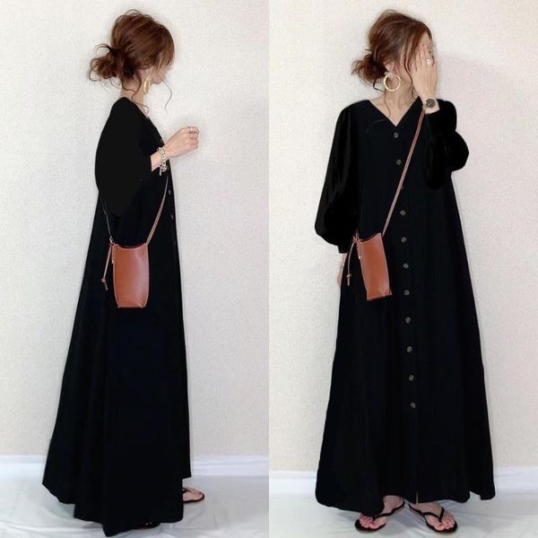 

casual dresses nice for women spring autumn black simple button long sleeve loose japan fashion lady v-neck, Black;gray
