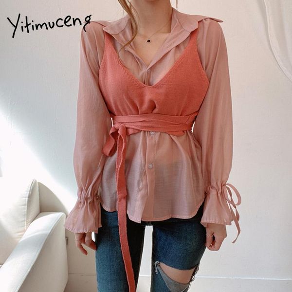 

women's blouses & shirts yitimuceng 2 piece and camis women suit slim long sleeve red black 2021 spring summer korean fashion, White