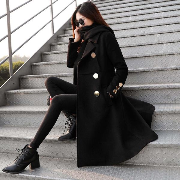 

women's wool & blends 2021 winter long-sleeved slim slimming black woolen coat waist long section high-end metal bright buckle