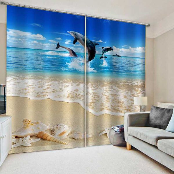 

2pcs/set blue beach curtains window for living room bedroom blackout 3d stereoscopic curtain & drapes