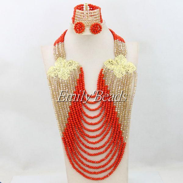 

earrings & necklace orange nigerian wedding beaded african costume jewelry set crystal beads 2021 bridal amj535, Silver