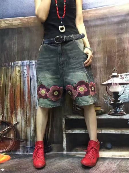 

women's pants & capris fashion half for women denim elastic waist casual summer 1/2 embroidery flower knee length, Black;white