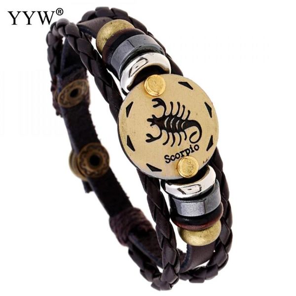 

charm bracelets fashion leather 12 constellation zodiac handmade bracelet men casual personality alloy vintage punk jewelry, Golden;silver