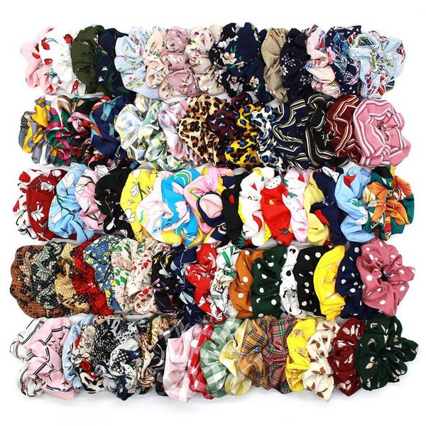 

120 styles lady girl hair scrunchy ring elastic hair bands vintage leopard plaid polka dot floral large intestine scrunchie hairband m633, Slivery;white