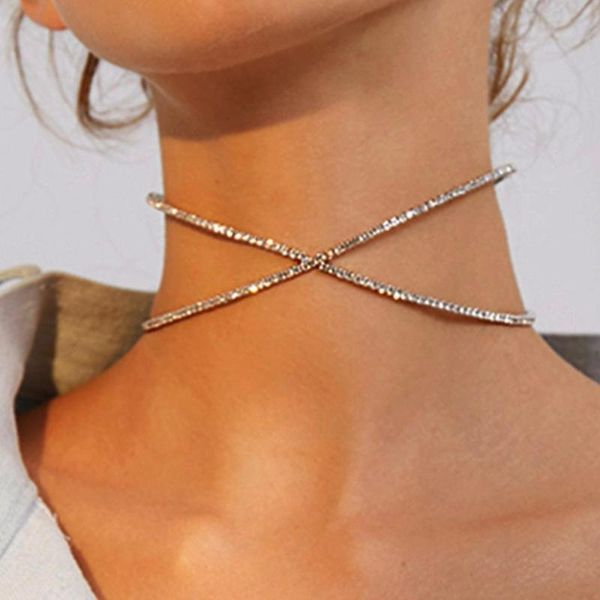 

chokers stonefans simple design rhinestone collar necklace cross adjustable choker for women wedding party jewelry, Golden;silver