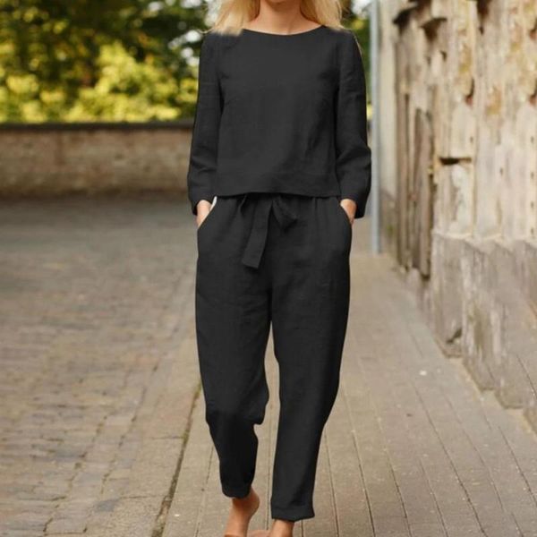 

women's pants & capris 1 set of cotton and linen breathable suit, solid color lace-up autumn street t-shirt pocket femme pantalon, Black;white