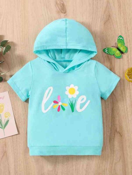 

baby floral & letter graphic hooded tee she, Black