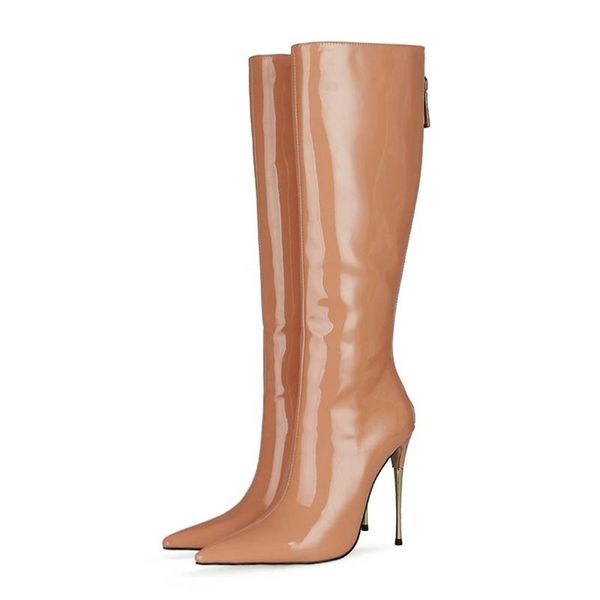 

boots 2021 winter thin heel knee high solid fashion women shoes stiletto short back zipper big size 47, Black