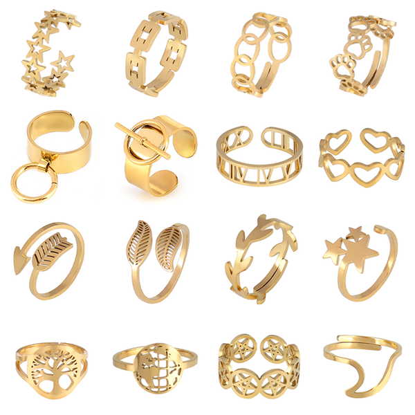 

cluster rings punk stainless steel for women geometric open finger ring statement lock charms women's chain jewelry, Golden;silver